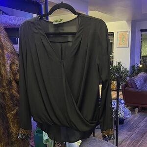Astr Black Draped Blouse with Beaded Cuffs